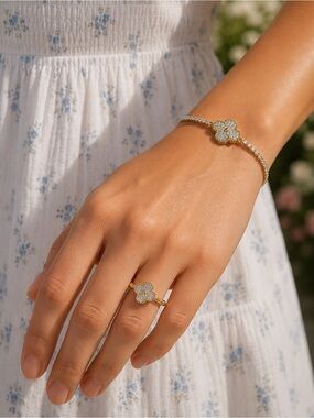 Gold Filled Clover Cubic Zirconia Bracelet and Ring Set
